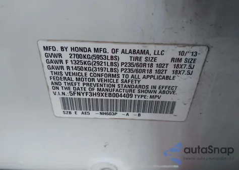 2014 Honda Pilot Touring z USA, uszkodzony, nr VIN 5FNYF3H9XEB004409